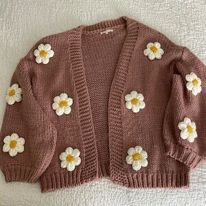 Cable Sweater Cardigan with Flowers (Size M)